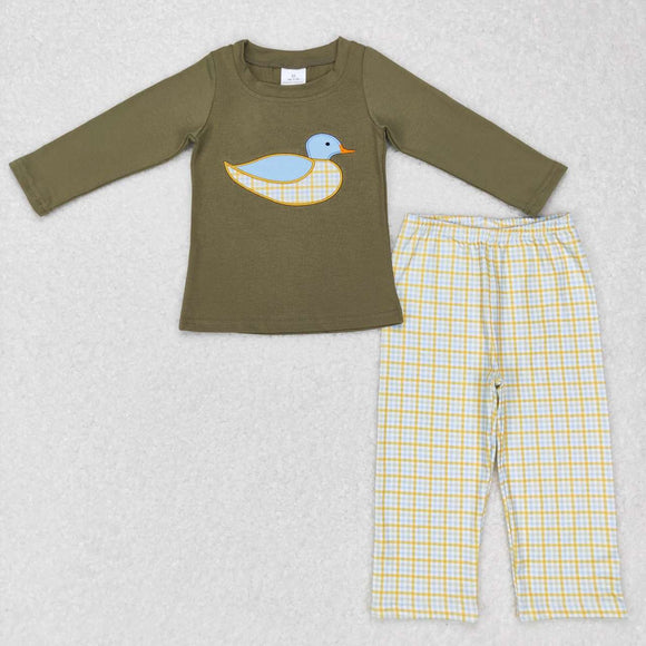 BLP0335---long sleeve embroidered olive-green mallard boy outfits