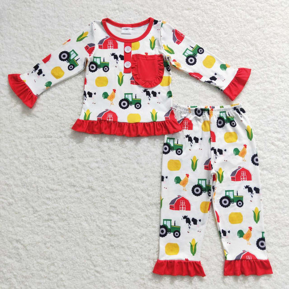 GLP0755--long sleeve farm red pajamas girls outfits
