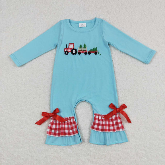 LR0499--long sleeve Christmas embroidered tree and train blue girls romper