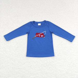 BT0364-- long sleeve embroidered fishing blue top