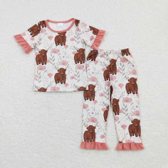 GSPO0962--new style highland cow & floral  girls pajamas
