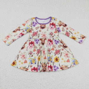 GLD0399--long sleeve highland cow and floral dress