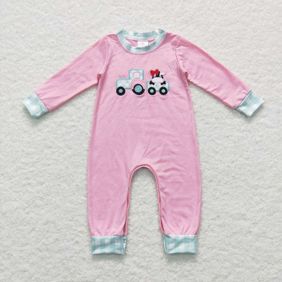 LR0376-- embroidered cow pink girls romper