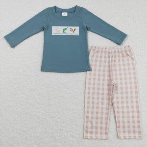 BLP0381-- long sleeve embroidered hunting deer & fish boys outfits