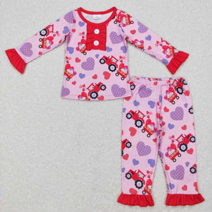 GLP0904--Valentine's Day long sleeve tractor pink girls pajamas