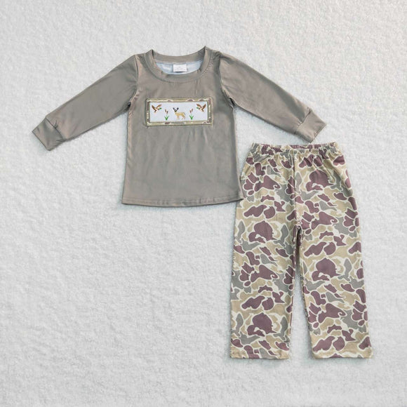 BLP0368--long sleeve embroidered deer and mallard hunting boy outfits