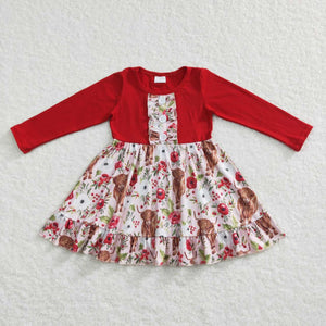 GLD0322-- long sleeve highland cow red dress
