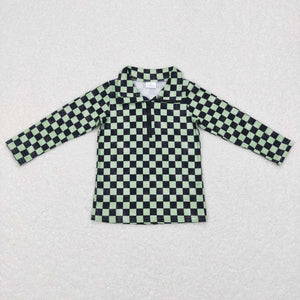 BT0399--long sleeve Green checkerboard pullover