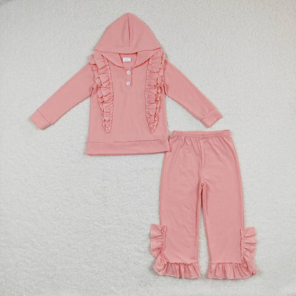 GLP0894--long sleeve ruffle pink hoodie girls clothing