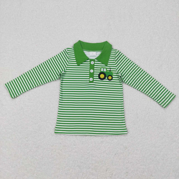 BT0405--long sleeve embroidered tractor green striped T- shirt