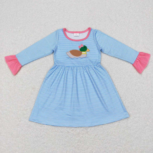 GLD0426--long sleeve embroidered mallard blue dress