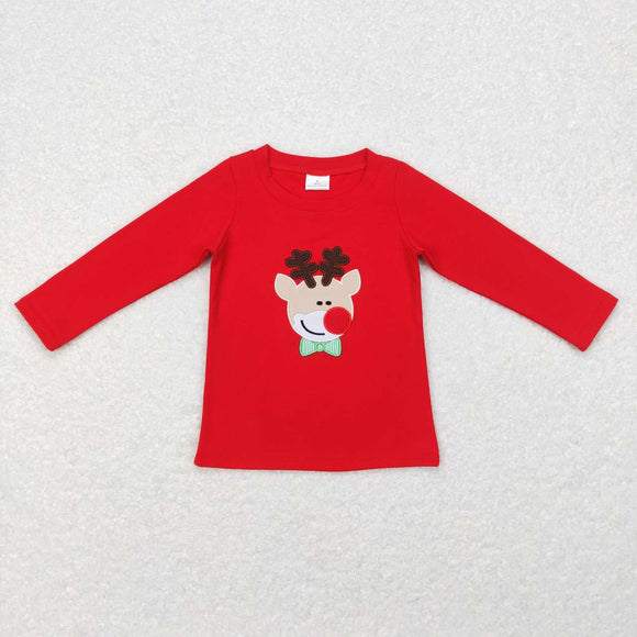 BT0257-- long sleeve Christmas embroidered deer red top
