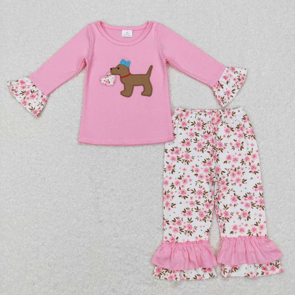 GLP0937--Valentine's Day long sleeve embroidered dog&floral pink girls outfits