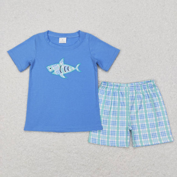 BSSO0284-- summer embroidered shark blue boy outfits
