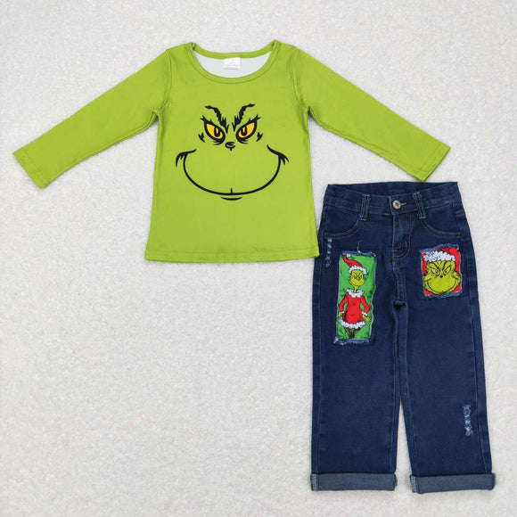 pre order BLP0225-- Christmas cartoon green top +  jeans outfits