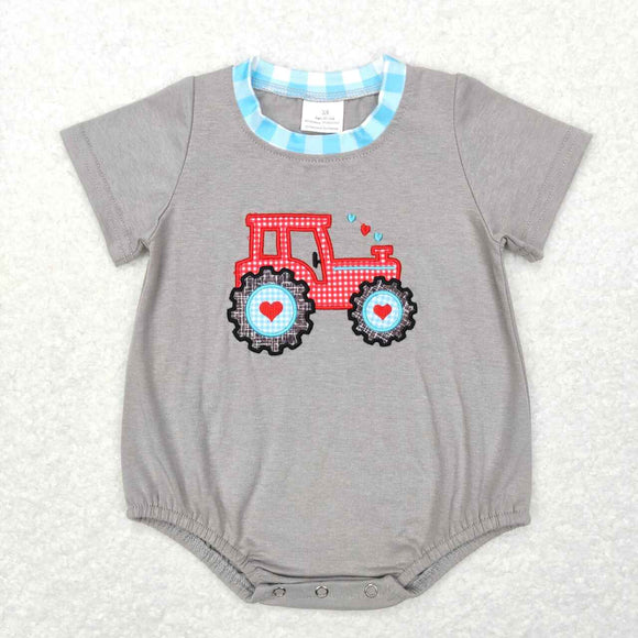 SR0488--short sleeve Valentine's Day tractor boy grey bubble