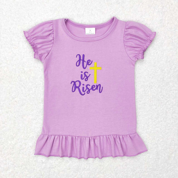 GT0393-- short sleeve embroidered he is risen purple top
