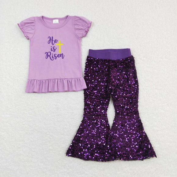 GSPO1139--Easter he is risen top+  sequined bell bottoms