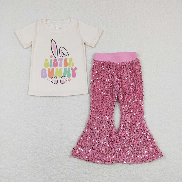 GSPO1138--Easter sister bunny top+  sequined bell bottoms