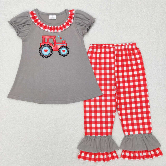 GSPO0972--short sleeve embroidery tractor grey girl outfits