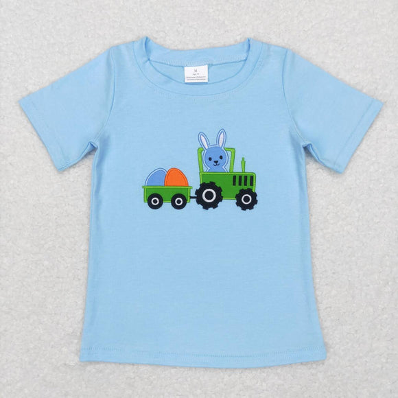 BT0426--Easter short sleeve embroidery car & egg blue top
