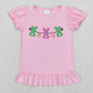 GT0391--Easter short sleeve embroidered rabbit pink  top