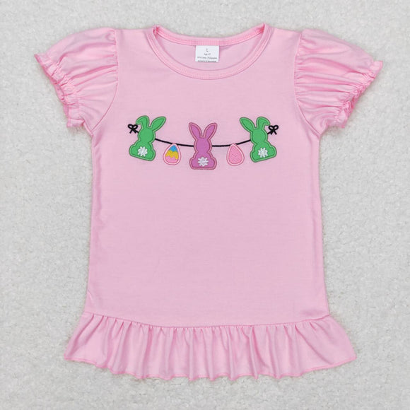 GT0391--Easter short sleeve embroidered rabbit pink  top