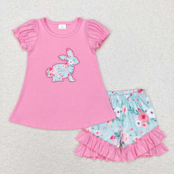 GSSO0386-- Easter embroidered rabbit & floral girls pink outfits