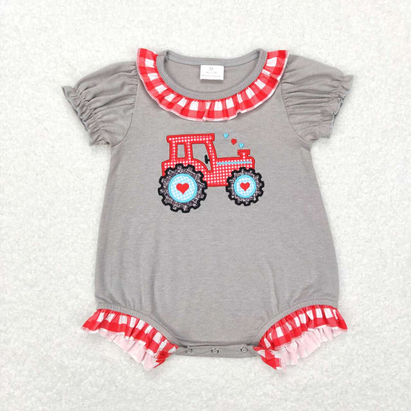 SR0489--short sleeve Valentine's Day  embroidery tractor girl grey bubble