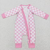 LR0810--long sleeve pink checkerboard zip romper