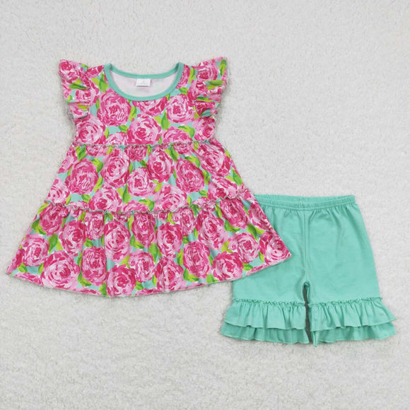 Flutter sleeves floral tunic ruffle shorts girls summer outfits