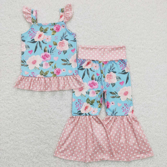 GSPO1163-- flower pink blue milk silk short sleeve shirt pants girls outfits