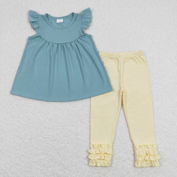 GSPO1321---ruffle short sleeve blue & yellow cotton girls clothing