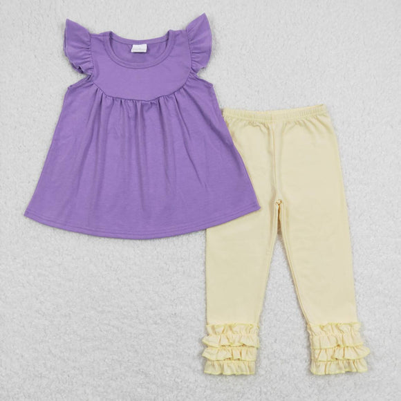 GSPO1322---ruffle short sleeve purple & yellow cotton girls clothing