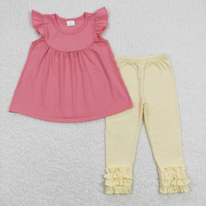 GSPO1323---ruffle cotton short sleeve pink&yellow girls clothing