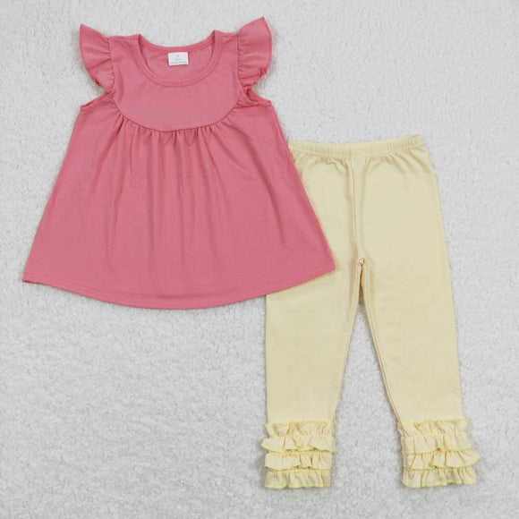 GSPO1323---ruffle cotton short sleeve pink&yellow girls clothing