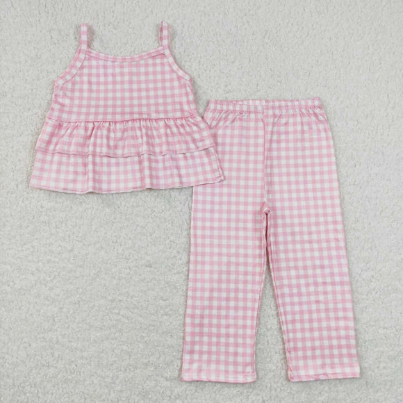 Sleeveless pink plaid ruffle top pants girls outfits