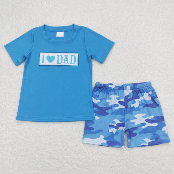 BSSO0455-- embroidery love dad blue short sleeve shirt and shorts boy outfits