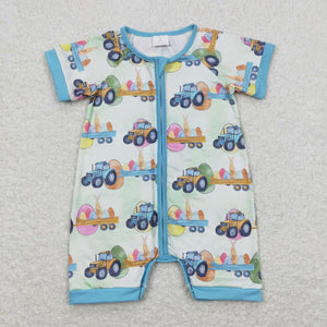 SR0883-- Easter Tractor short sleeve girls romper