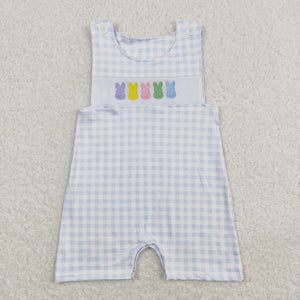 SR0691-- short sleeve rabbit blue plaid embroidery boys romper