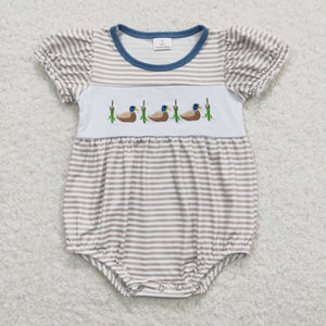 Short sleeves stripe duck baby embroidery girls romper