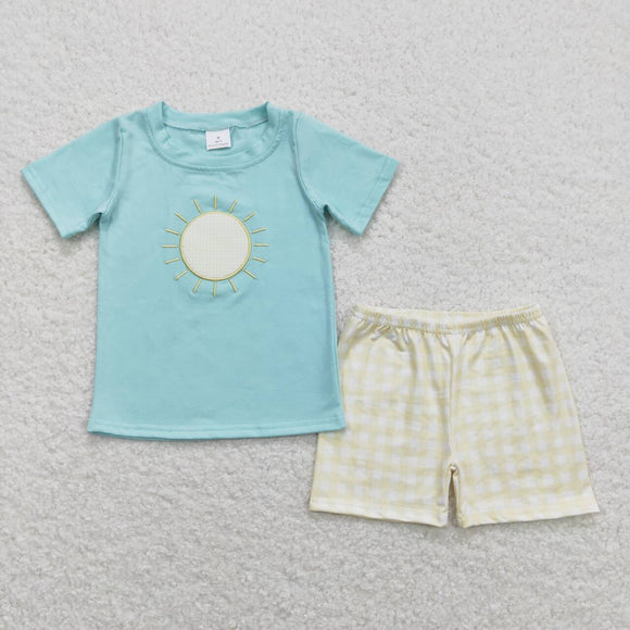 Embroidery Sun shirt yellow plaid shorts boys summer outfits