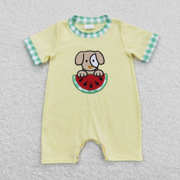 SR0788-- dog watermelon yellow embroidery baby romper