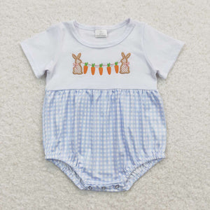 SR0723-- Easter rabbit & carrot blue plaid embroidery bubble