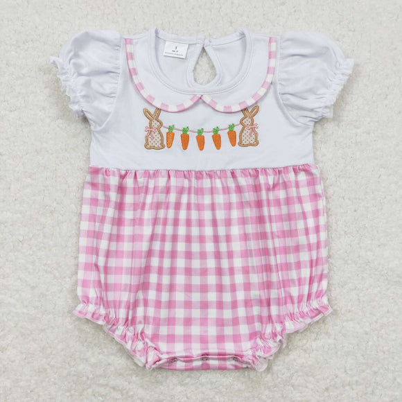 SR0722-- Easter rabbit & carrot pink plaid embroidery bubble