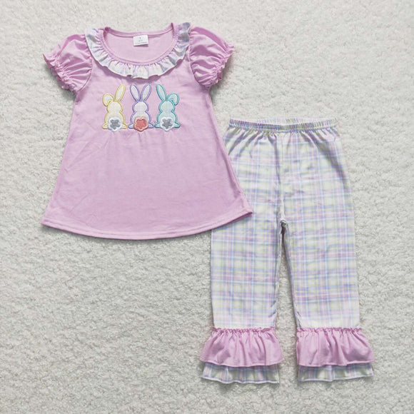 GSPO0977-- short sleeve Easter bunny purple embroidery girls outfits