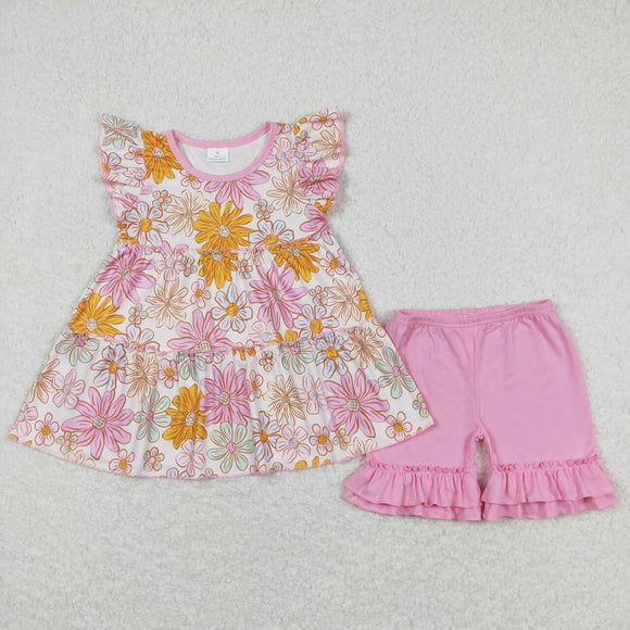 Pink floral tunic ruffle shorts girls summer outfits