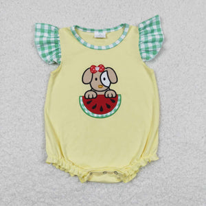 SR0789-- watermelon dog yellow embroidery girl romper