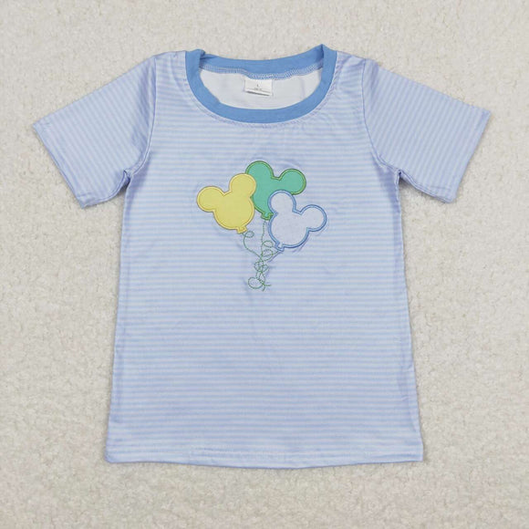 BT0482-  short sleeved Gray and white striped balloon embroidered boy's  top