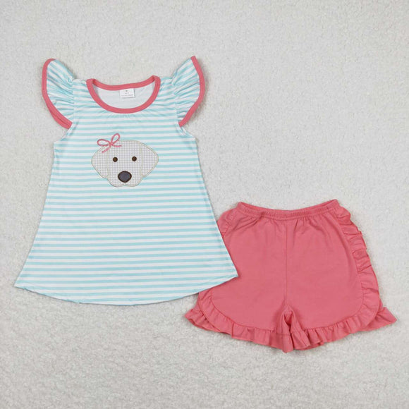 GSSO0555-- summer dog blue short sleeve embroidery girls outfits